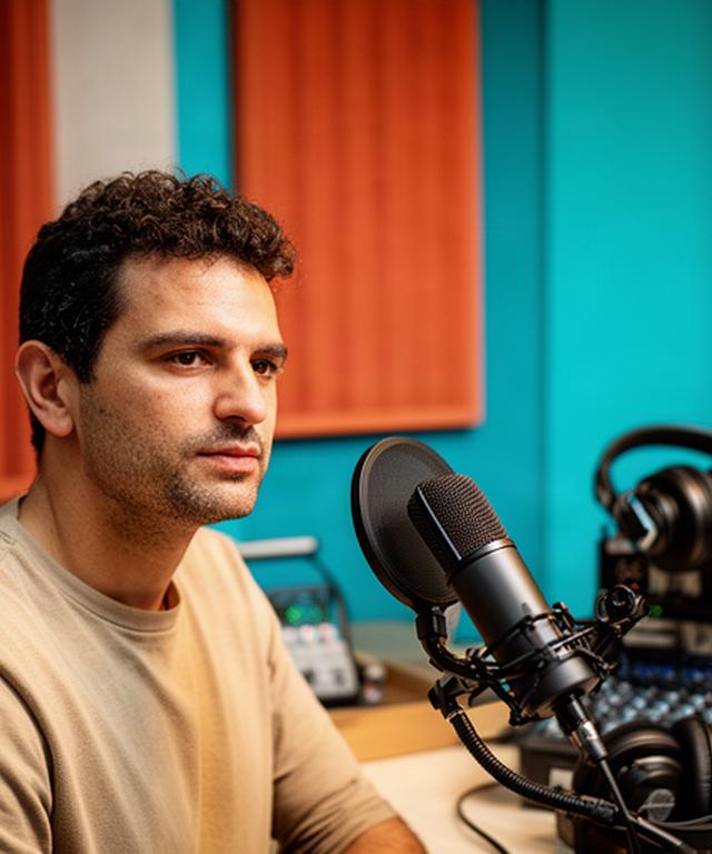 Creator che registra un podcast davanti a un microfono in uno studio audio veneziano