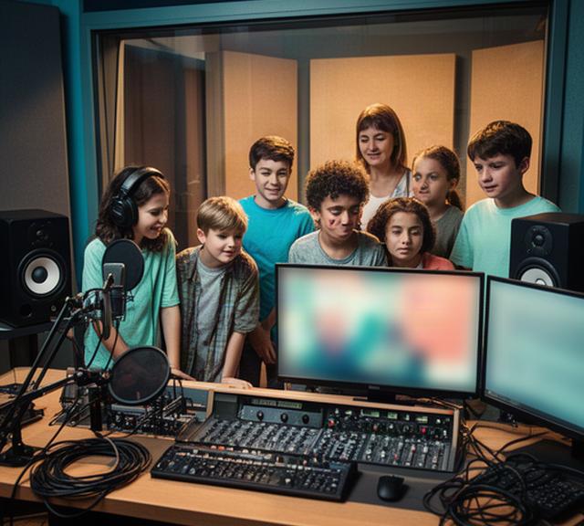 Piccolo gruppo di giovani in studio di registrazione mentre ascolta una prima registrazione