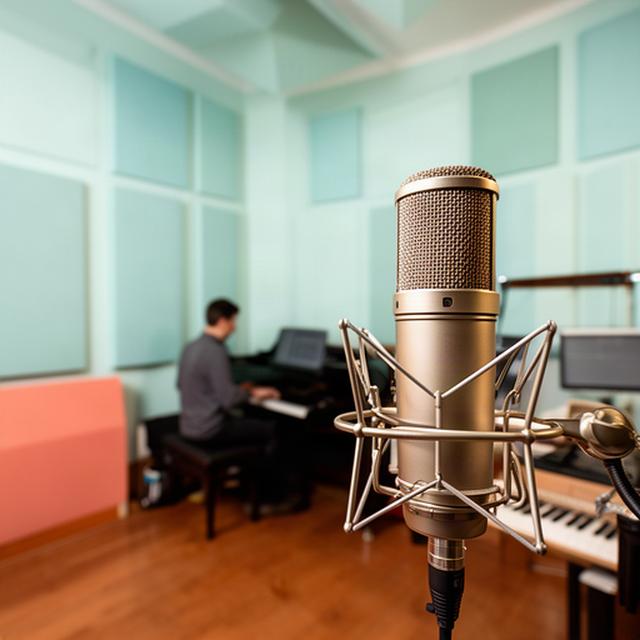 Sala di ripresa a Venezia con microfono professionale, pannelli acustici e musicista al pianoforte